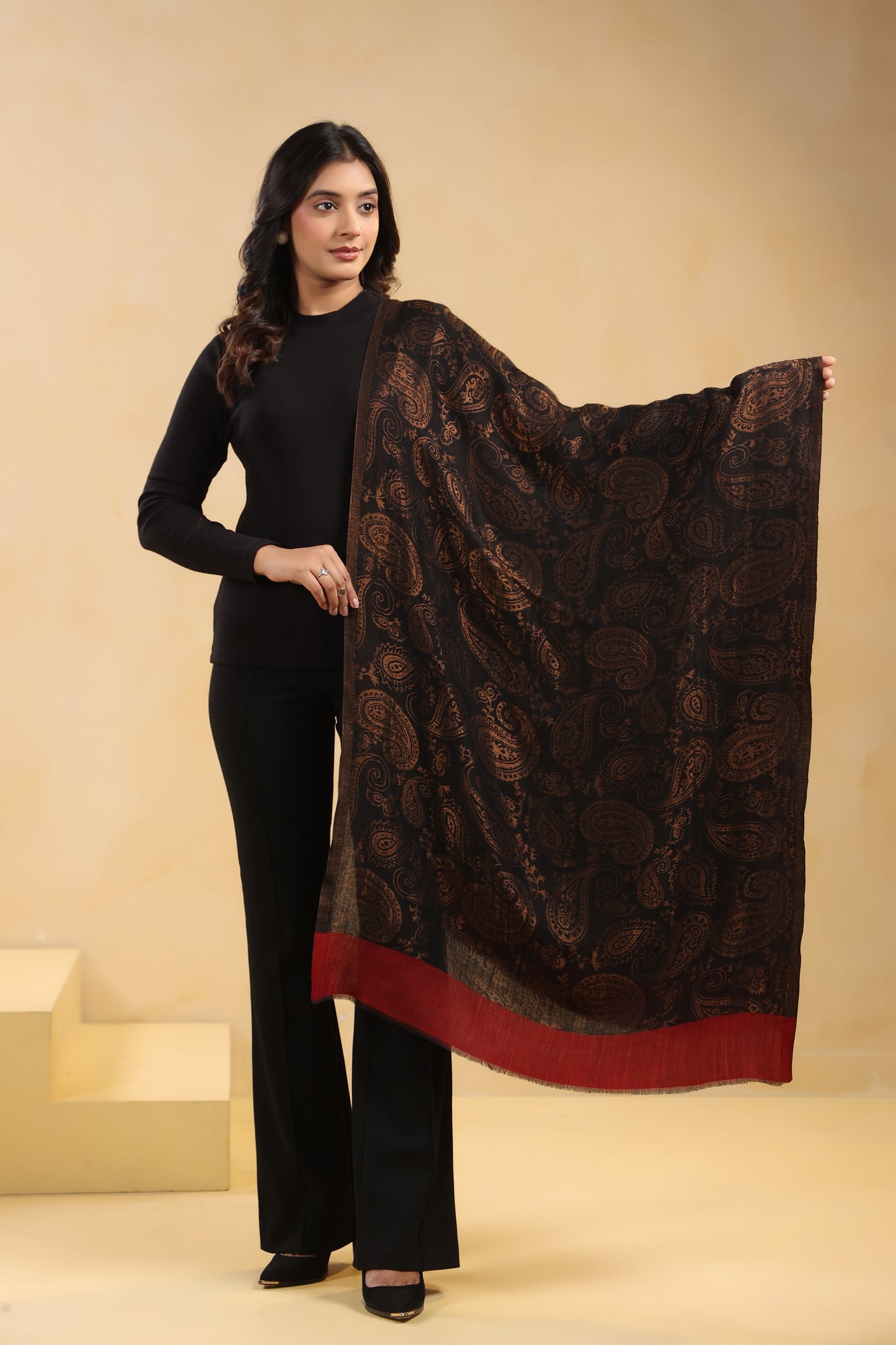 Fine Wool Black Zari Design Stole with Red Border