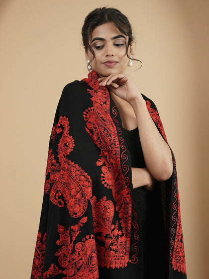 Floral Kashmiri Embroidery Warm Stole with Fringed Border | Black