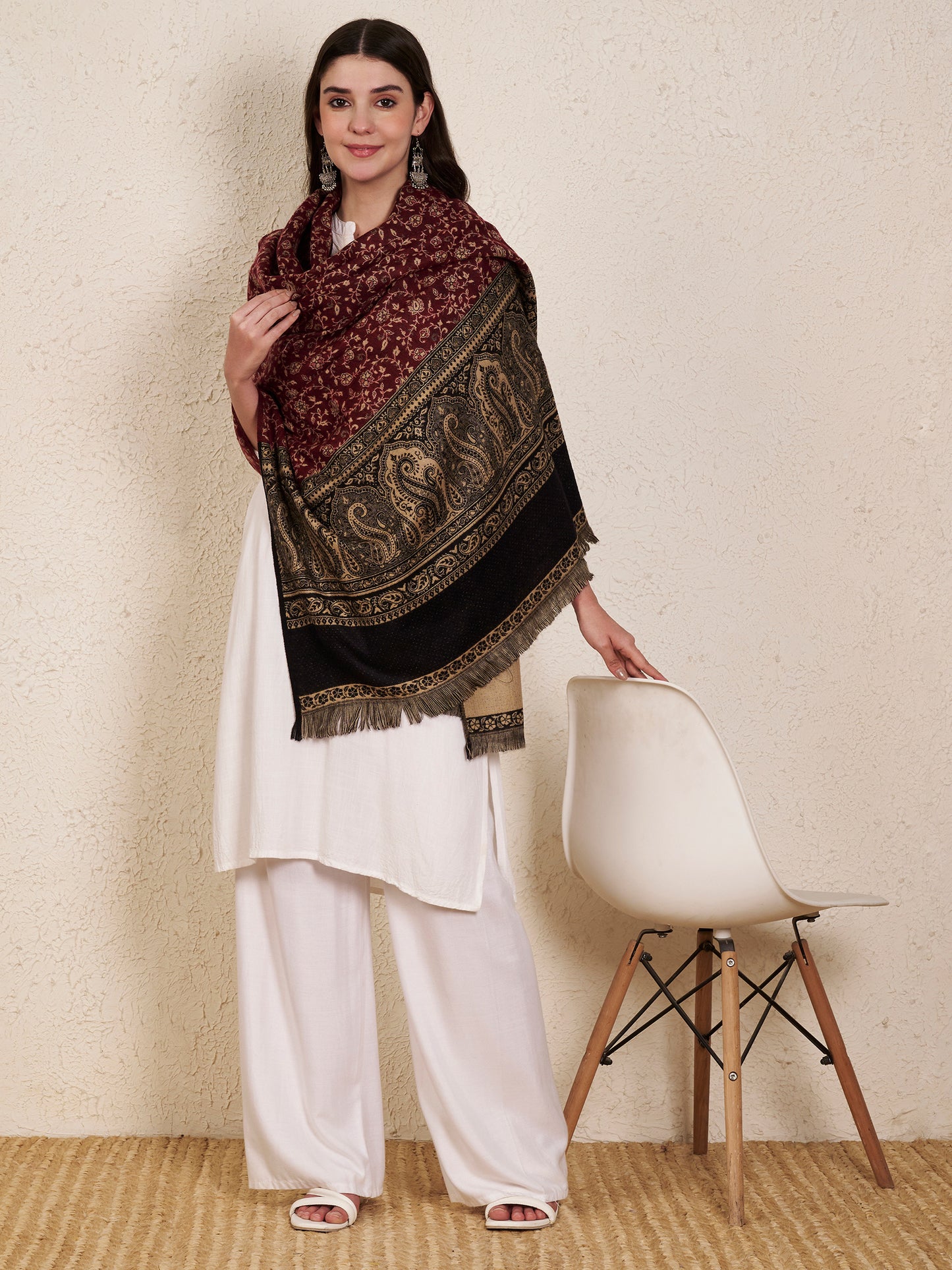 Woolen Kani Shawl with Intricate Kashmiri Paisley & Floral Woven Design (Maroon)