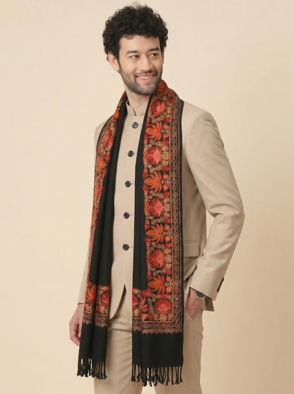 Kashmiri Aari Embroidery Woollen Stole for Men | Black