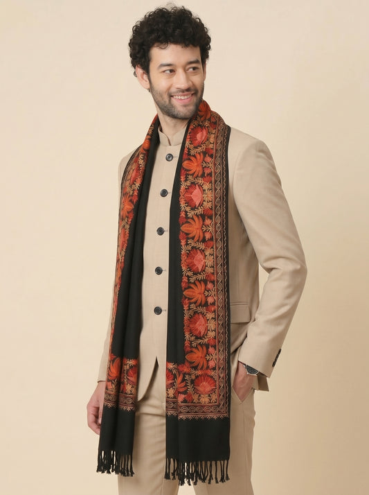 Kashmiri Aari Embroidery Woollen Stole for Men | Black