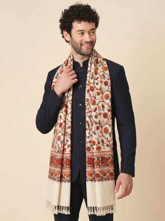 Kashmiri Aari Embroidery Woollen Stole for Men | Off White