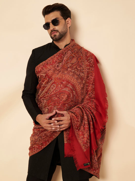 Warm Faux Pashmina Jacquard Woven Jamawar Mughal Shawl (Red)
