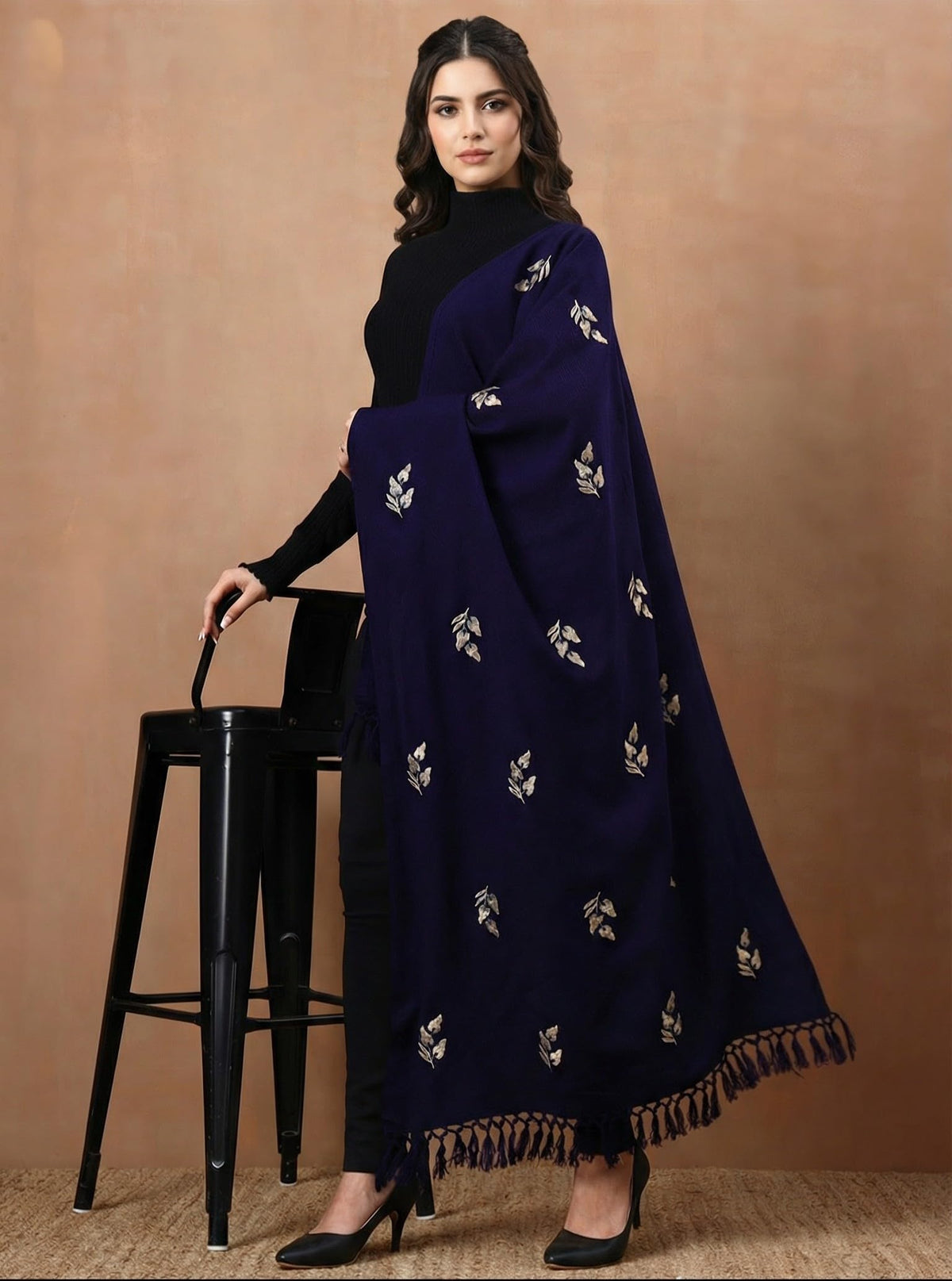 Woolen Embroidered Stole for Women | Blue - view 4