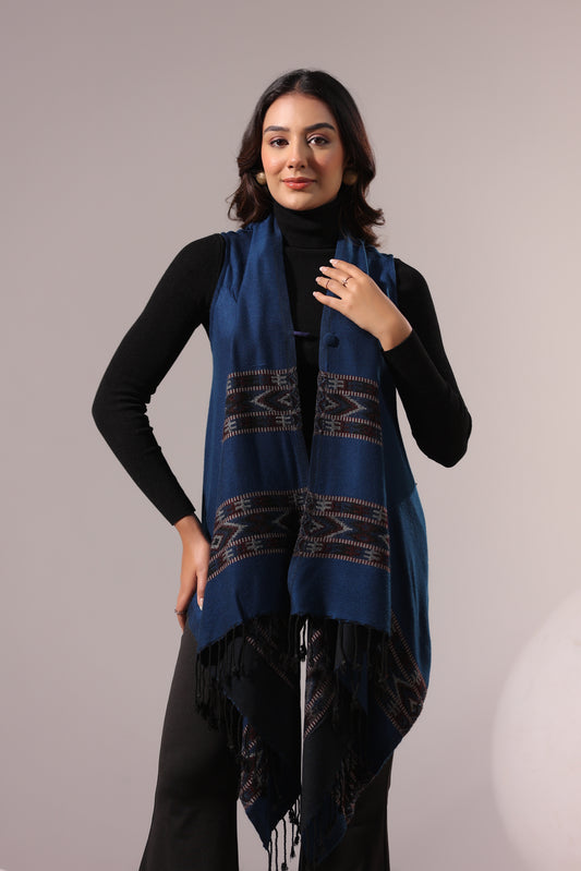 Women's Sleeveless Kullu Pattern Shrug Cardigan | Blue