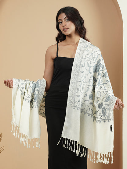 Floral Kashmiri Jaal Embroidery Warm Stole with Fringed Border | White - view 5