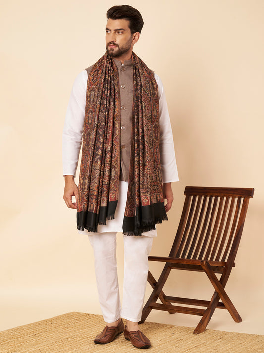 Warm Faux Pashmina Floral Jacquard Woven Jamawar Shawl (Black)
