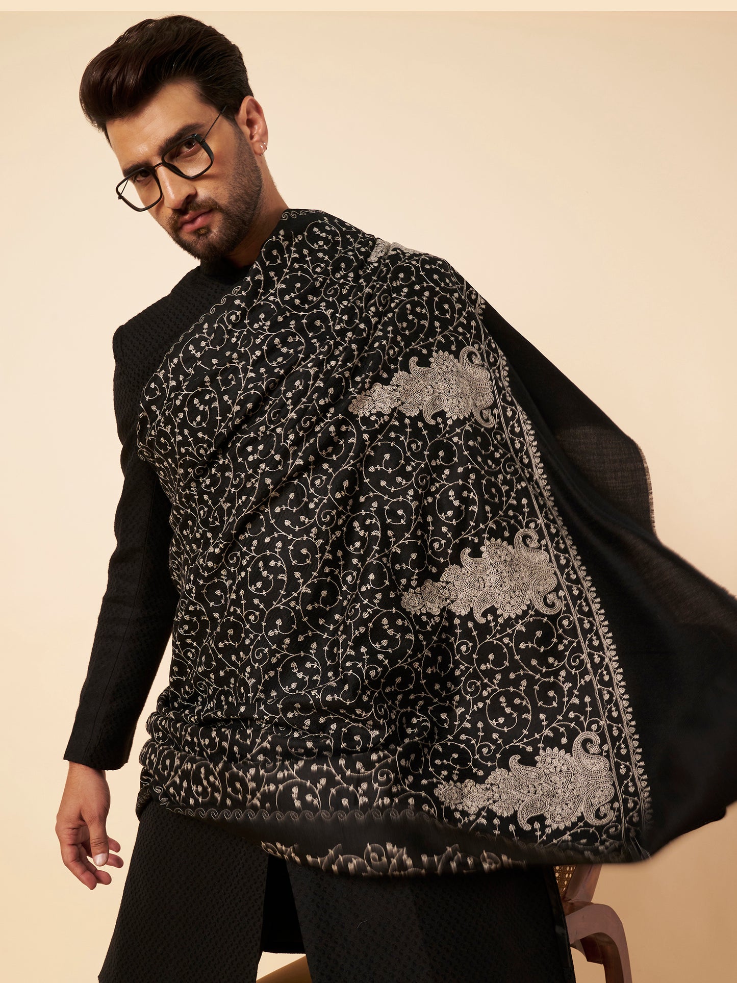 Pure Wool Shawl with All-over Royal Motifs Sozni Embroidery