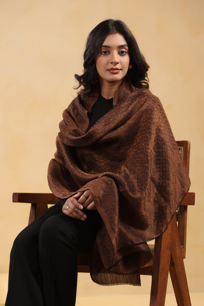 Fine Wool Solid Self Design Zari Stole | Brown