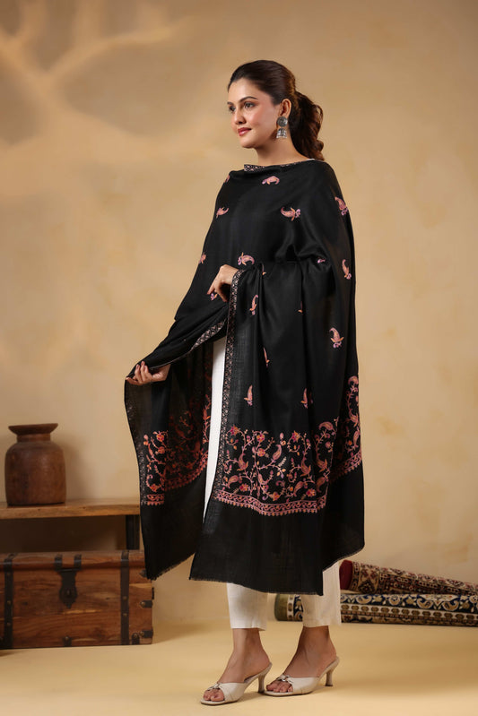 Sozni Floral Embroidery Kashmiri Shawl | Black