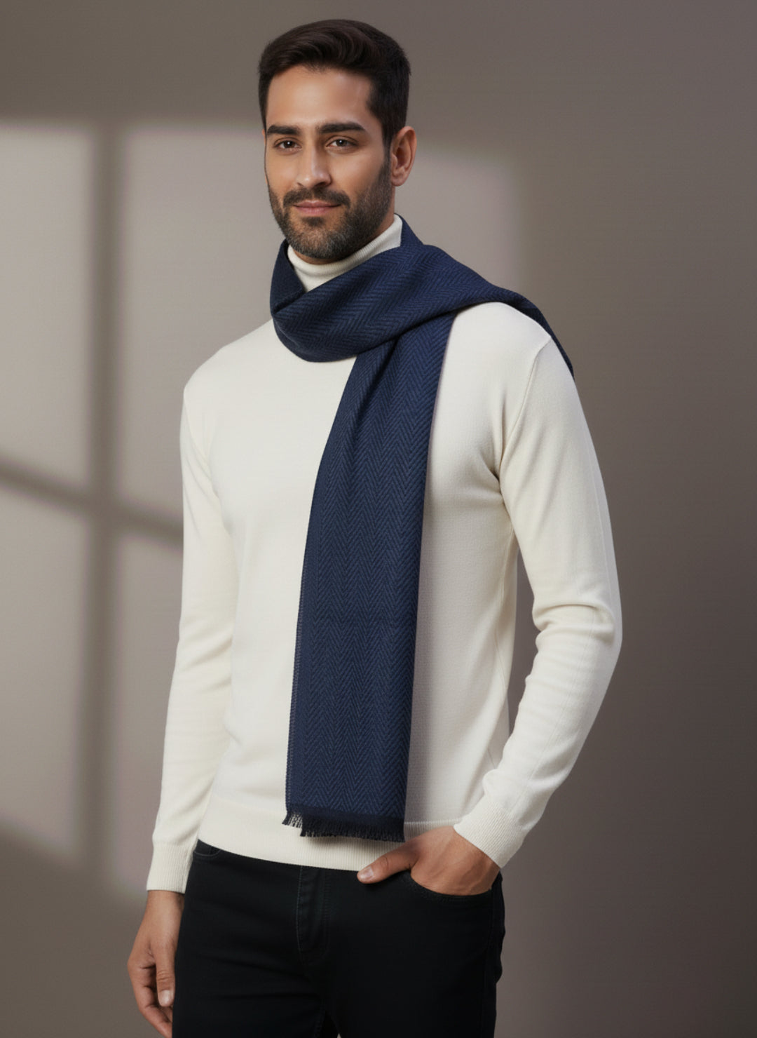 Soft Woollen Muffler for Men | Navy Blue Zigzag Scarf