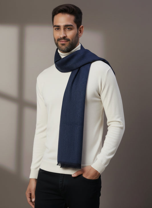 Soft Woollen Muffler for Men | Navy Blue Zigzag Scarf