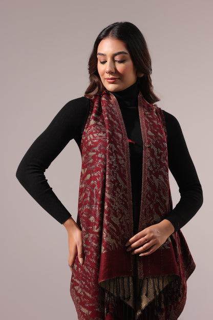Women's Sleeveless Zari Pattern Shrug Cardigan | Maroon