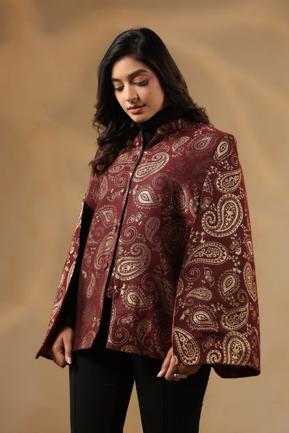 Women's Designer Zari Weave Paisley Cape Jacket | Wine