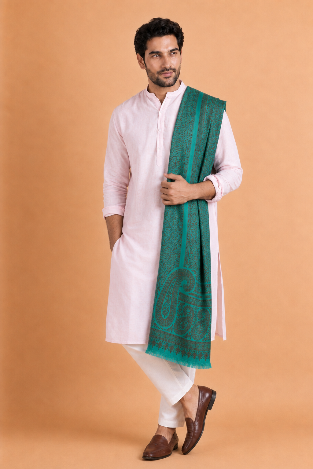 Kashmiri Kani Stole for Men in Floral Weaving | Green - view 4