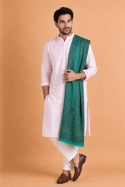 Kashmiri Kani Stole for Men in Floral Weaving | Green - view 4