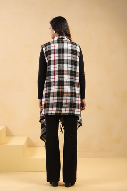 Women's Sleeveless Checkered Shrug Cardigan | White
