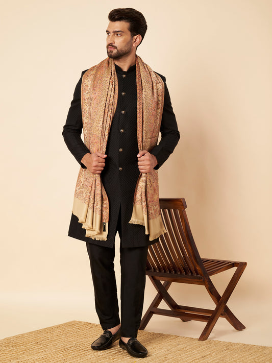 Warm Faux Pashmina Jacquard Woven Jamawar Mughal Shawl (Beige)