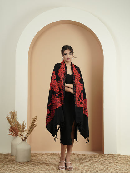 Floral Kashmiri Embroidery Warm Stole with Fringed Border | Black
