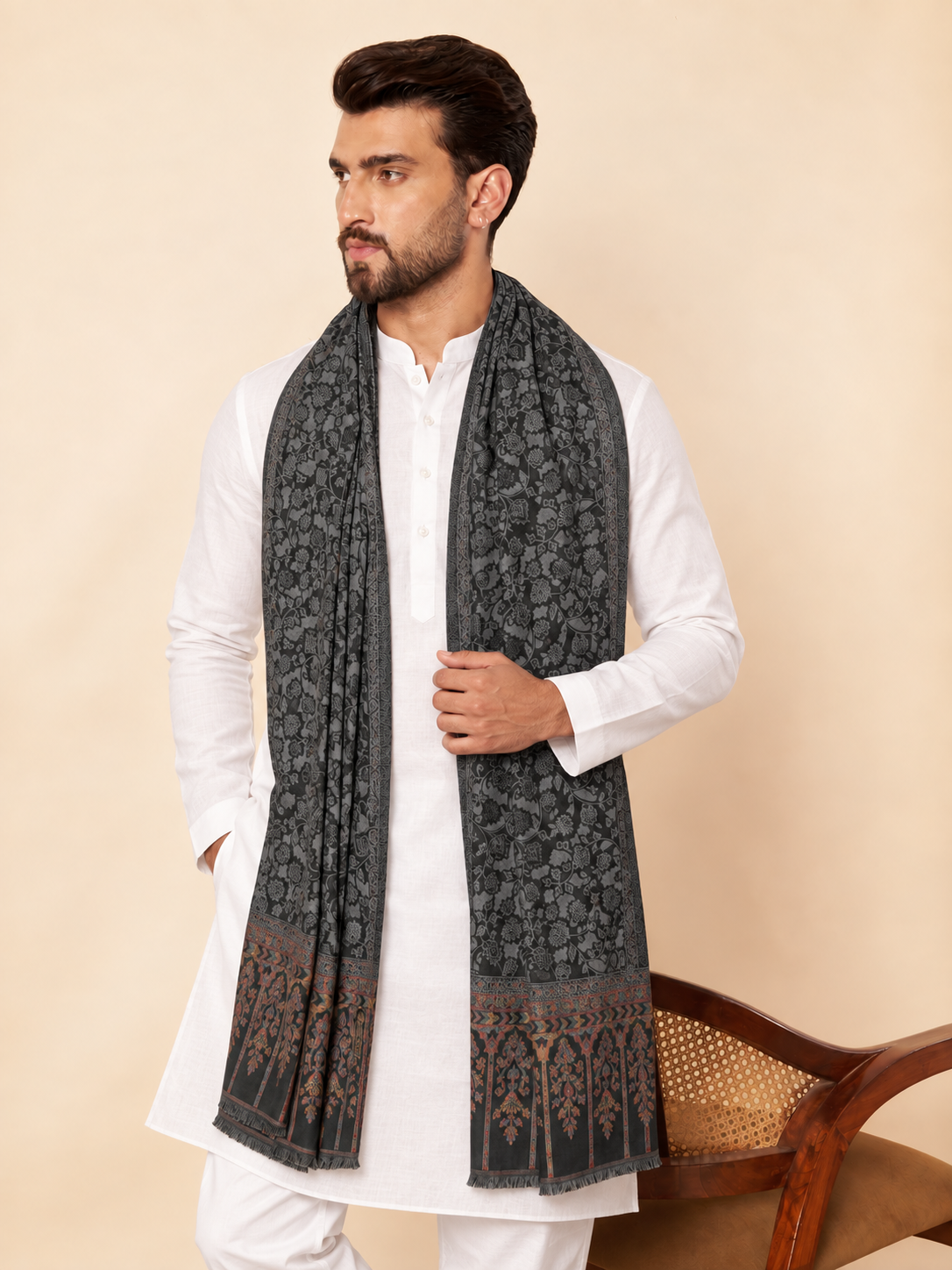 Kani Floral Weave Soft Woolen Shawl for Men | Black - view 3