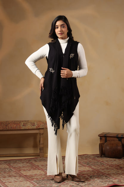 Women's Sleeveless Floral Zari Embroidery Shrug Cardigan | Black