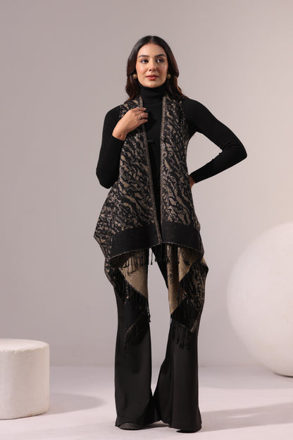 Women's Sleeveless Zari Pattern Shrug Cardigan | Black