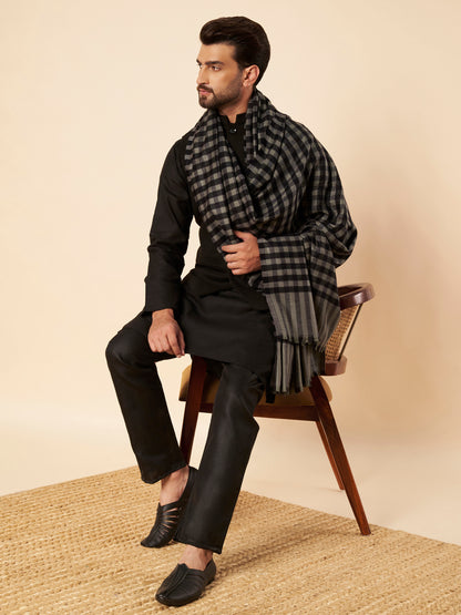 Men's Woollen Lohi Shawl | Black Grey Check