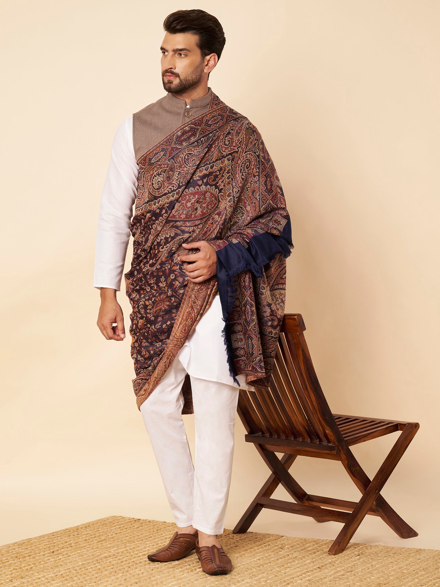 Warm Faux Pashmina Floral Jacquard Woven Jamawar Shawl (Navy Blue)