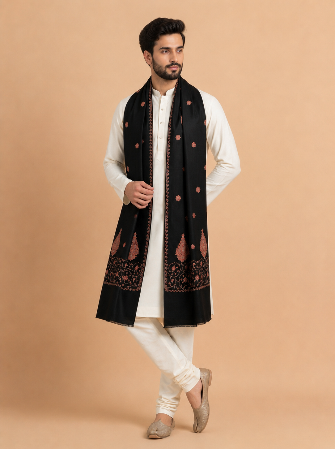 Fine Embroidery Paper Mache Kashmiri Wool Shawl for Men | Black - view 2