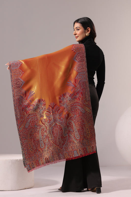Women’s Premium Kani Woven Shawl with Zari Sheen | Rust