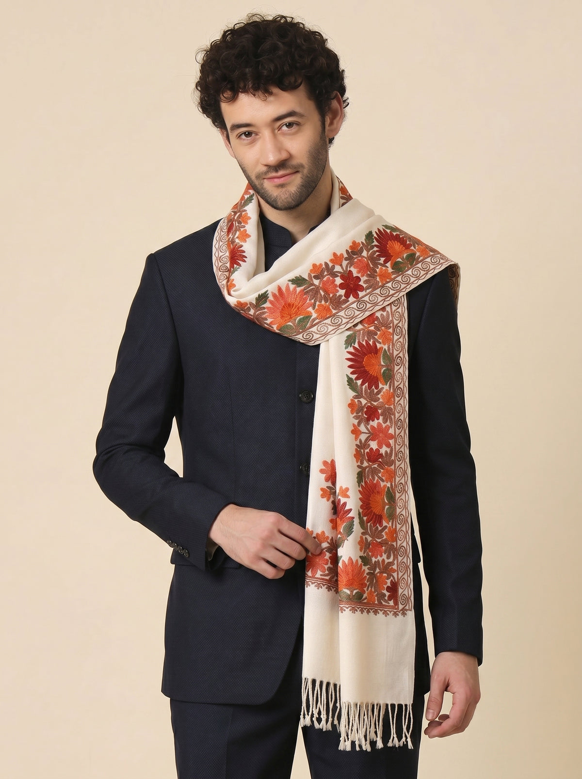 Kashmiri Aari Embroidery Woollen Stole for Men | White - view 4