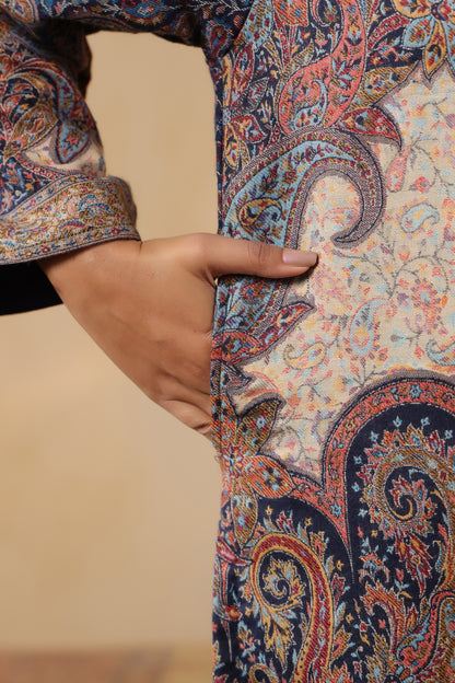 Women's Kaani Woven Winter Kurta | Navy Blue