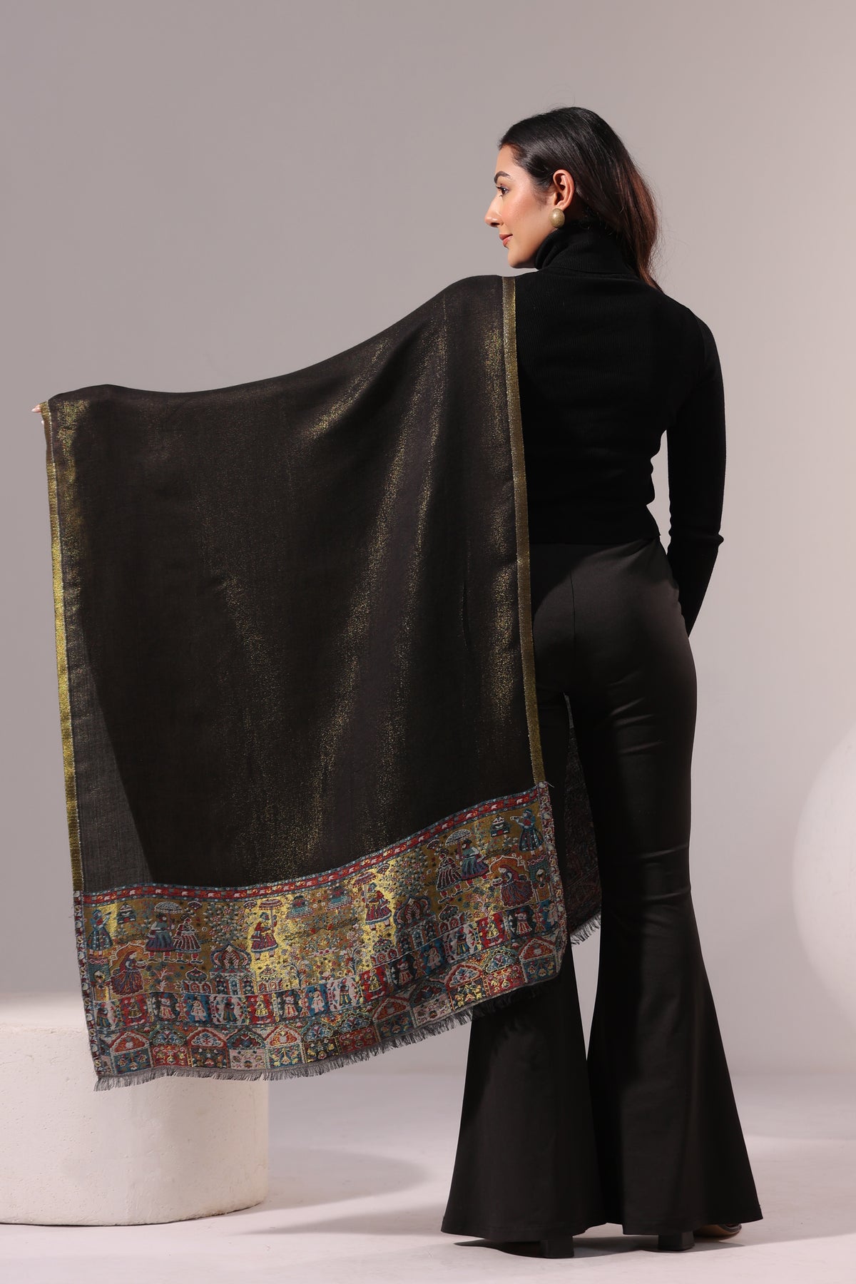 Women’s Premium Kani Woven Shawl with Zari Sheen | Gold Black - view 6