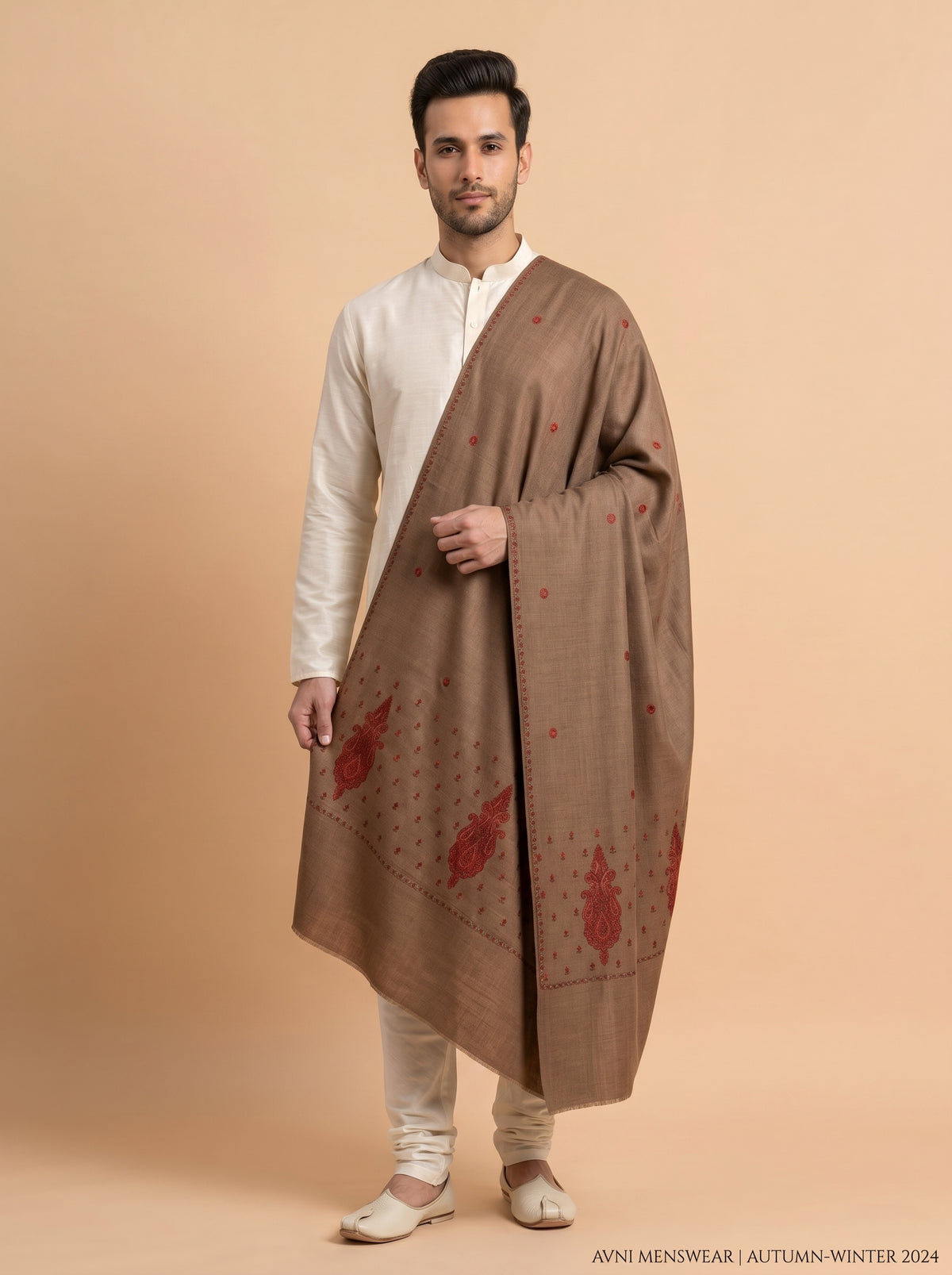 Fine Embroidery Paper Mache Kashmiri Wool Shawl for Men | Brown - view 3