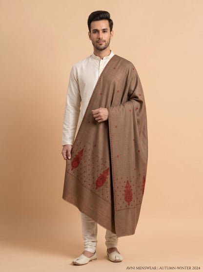 Fine Embroidery Paper Mache Kashmiri Wool Shawl for Men | Brown - view 3