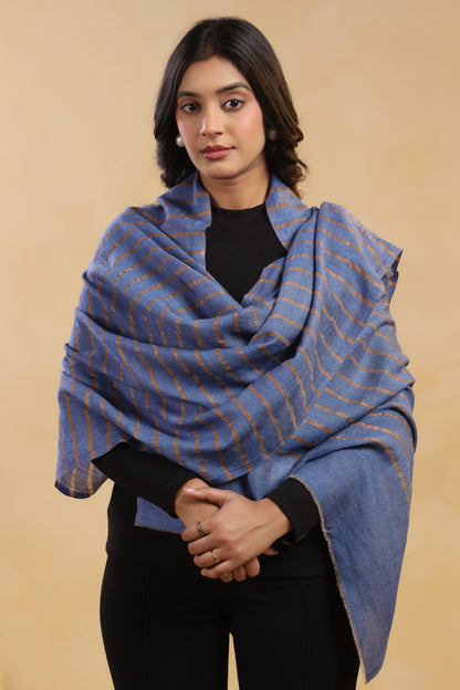 Fine Wool Horizontal Zari Stripes Stole | Blue