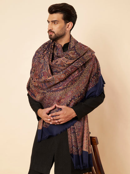 Warm Faux Pashmina Jacquard Woven Jamawar Mughal Shawl (Navy Blue)