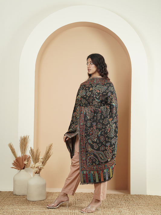 Kani Floral Weave Soft Woolen Stole for Women | Black