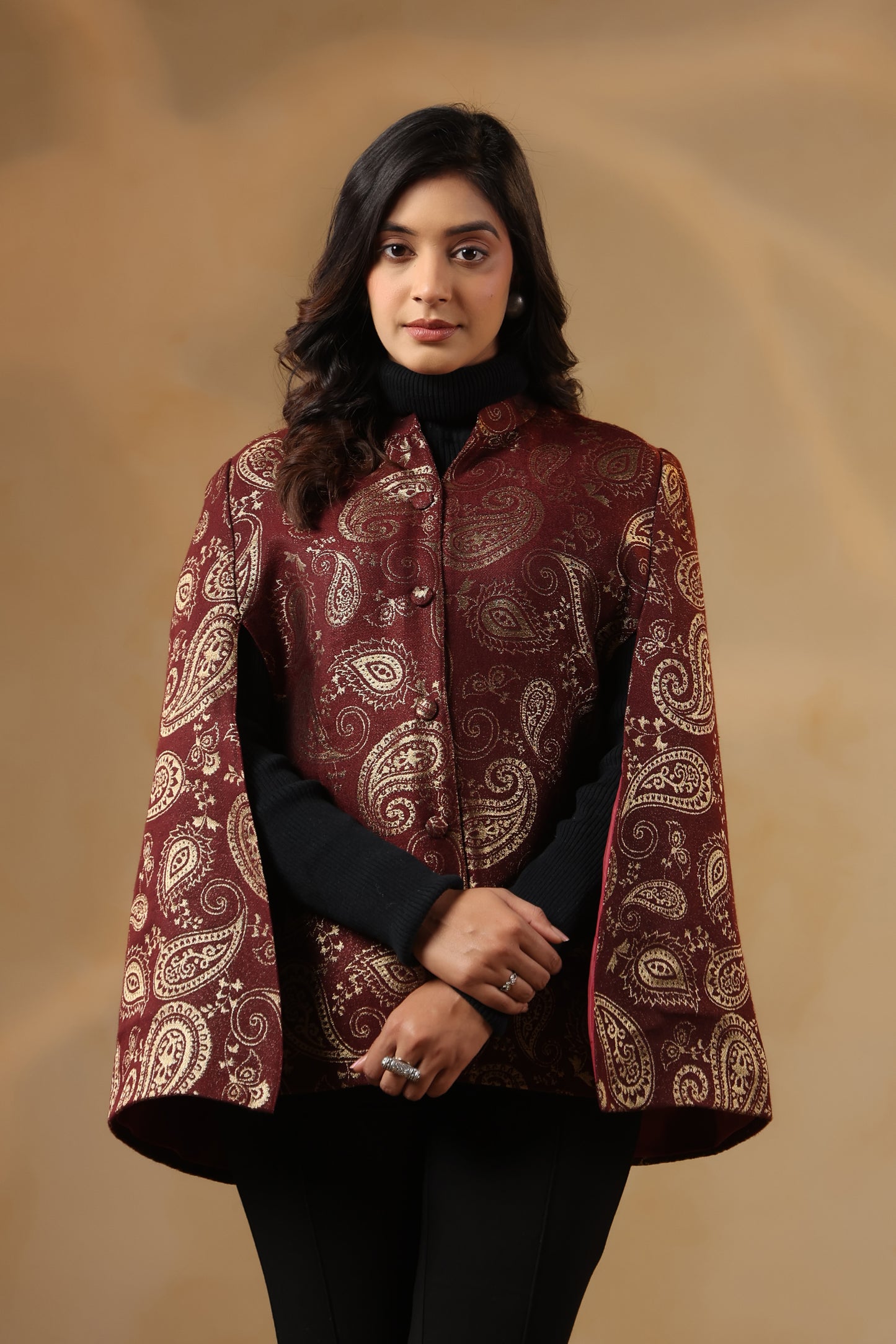 Women's Designer Zari Weave Paisley Cape Jacket | Wine