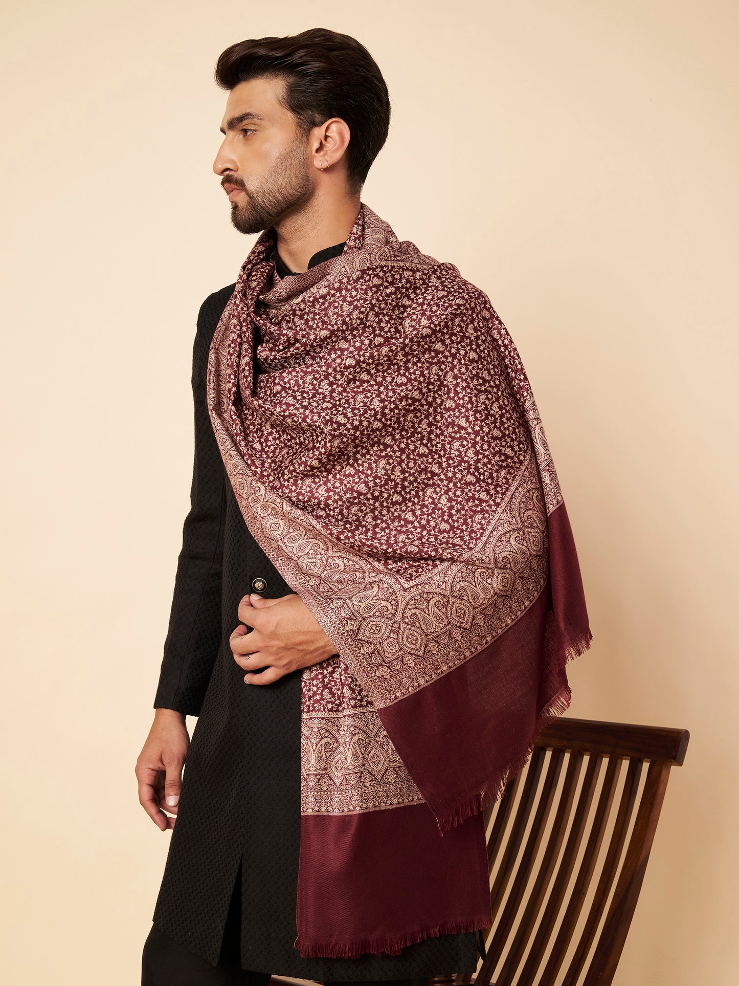 Floral All-over Kani Weave Woolen Stole with Paisley Border | Maroon