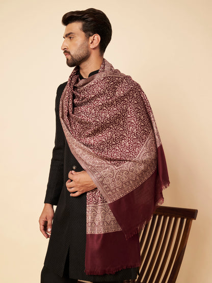 Floral All-over Kani Weave Woolen Stole with Paisley Border | Maroon