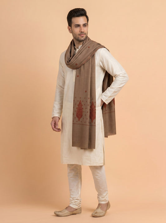 Fine Embroidery Paper Mache Kashmiri Wool Shawl for Men | Brown