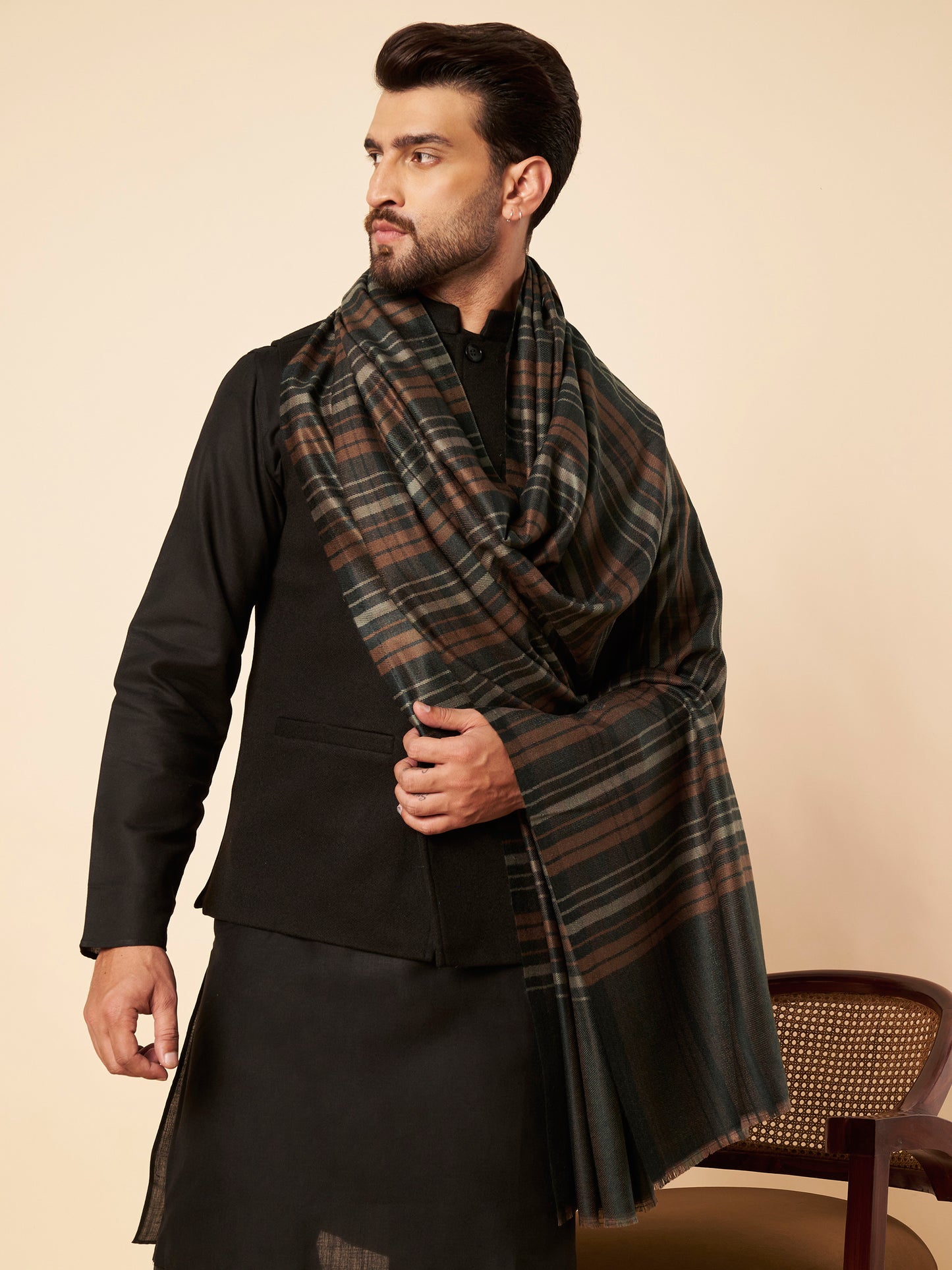 Men's Woollen Lohi Shawl | Grey Stripe