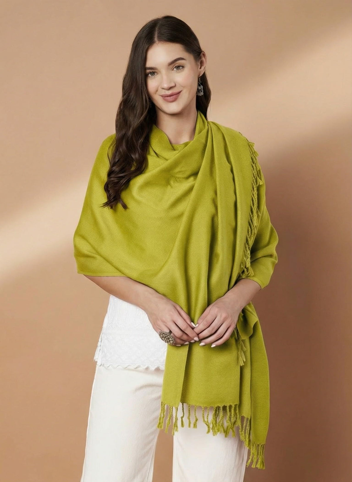 Plain Green Woolen Stole for Women | Green - view 3