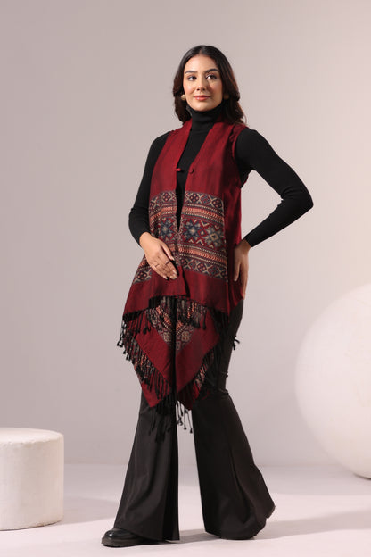 Women's Sleeveless Kullu Pattern Shrug Cardigan | Maroon