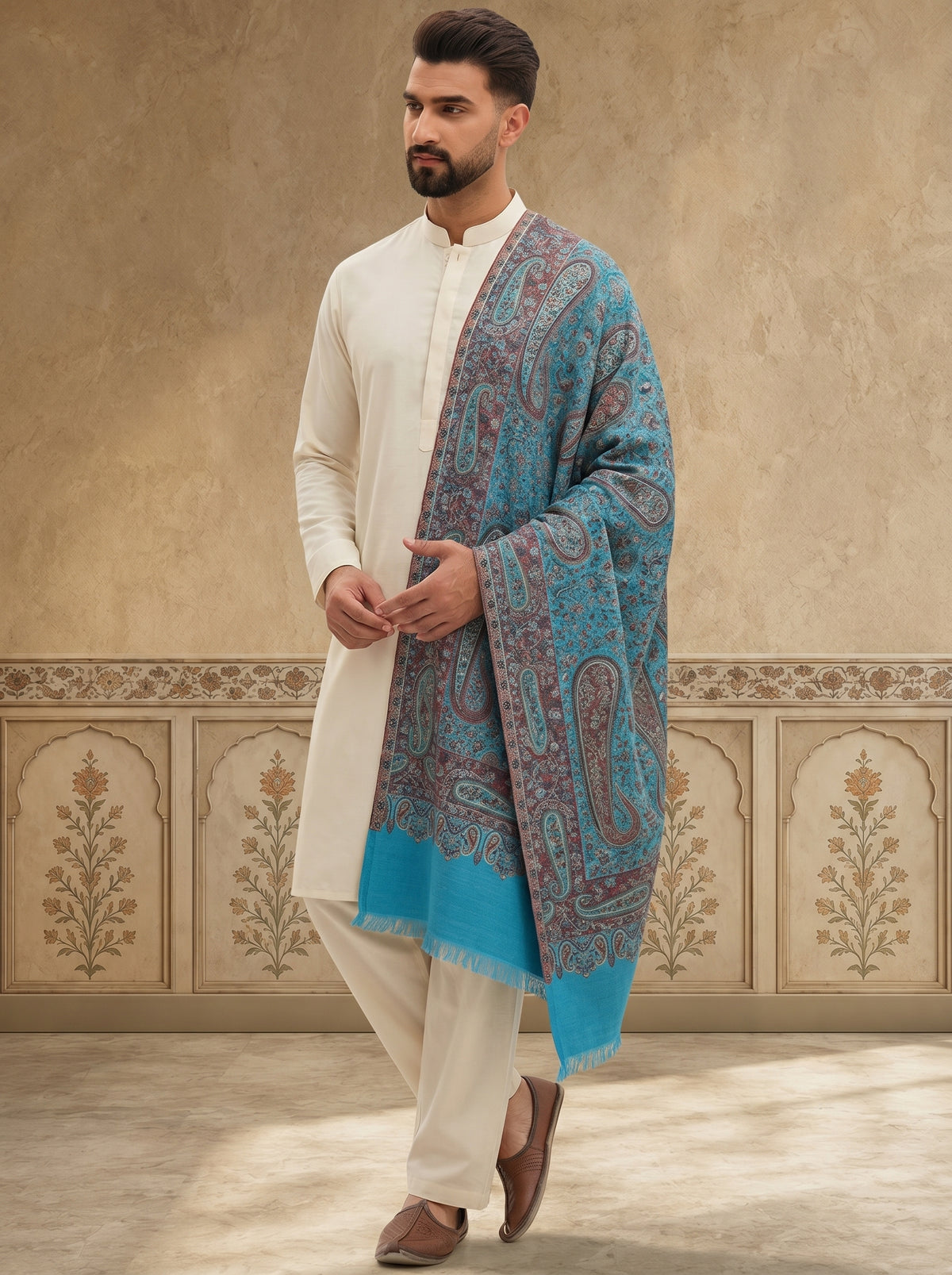 Kani Pure Wool Shawl for Men with Paisley Equisite Royal Pattern | Cyan - view 3