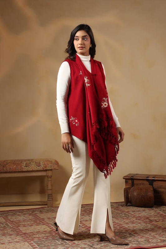 Women's Sleeveless Floral Zari Embroidery Shrug Cardigan | Red