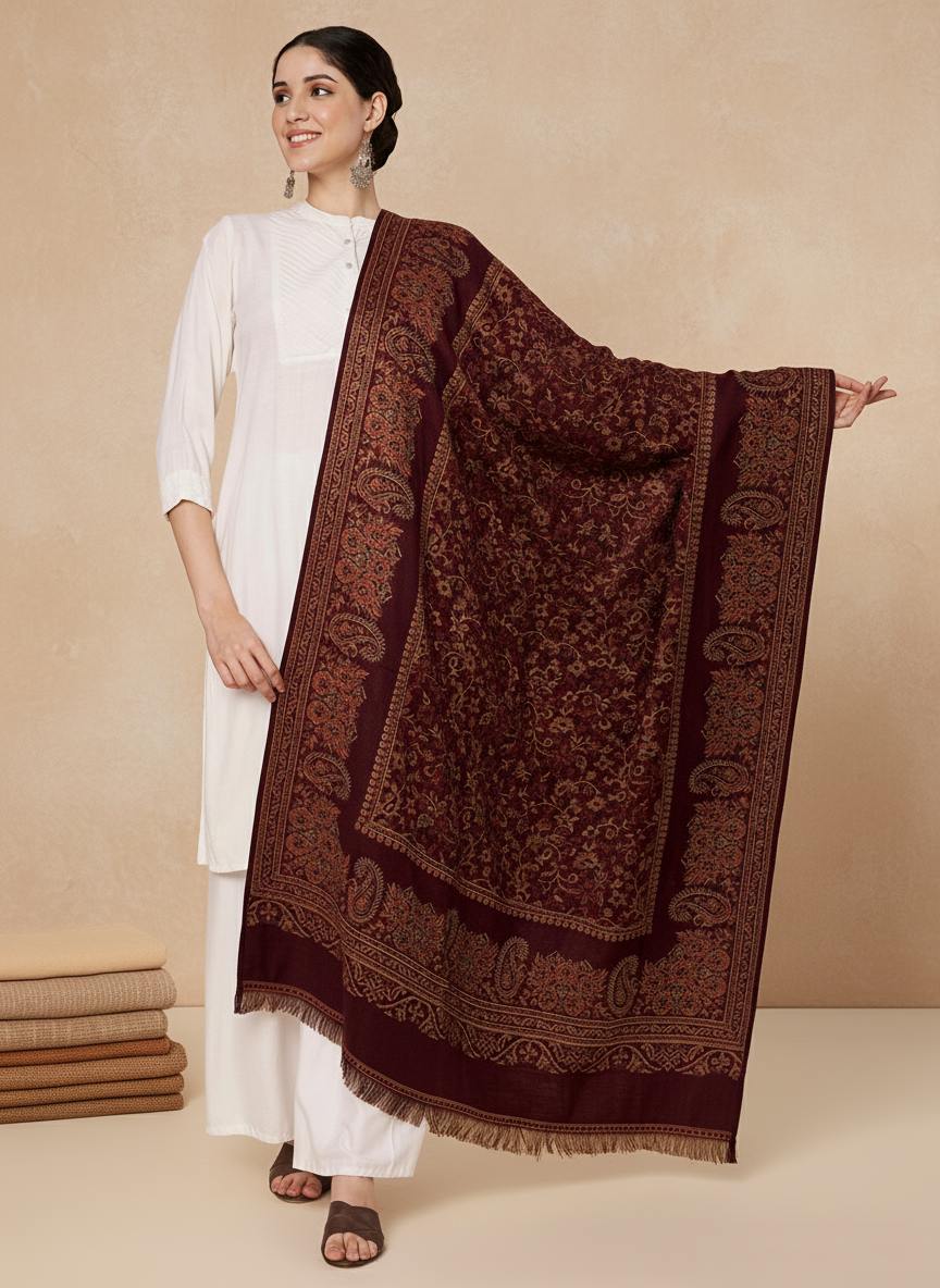 Woollen Kani Shawl with Traditional Kashmiri Floral & Paisley Woven Design | Maroon
