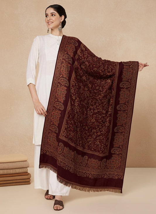 Woollen Kani Shawl with Traditional Kashmiri Floral & Paisley Woven Design | Maroon