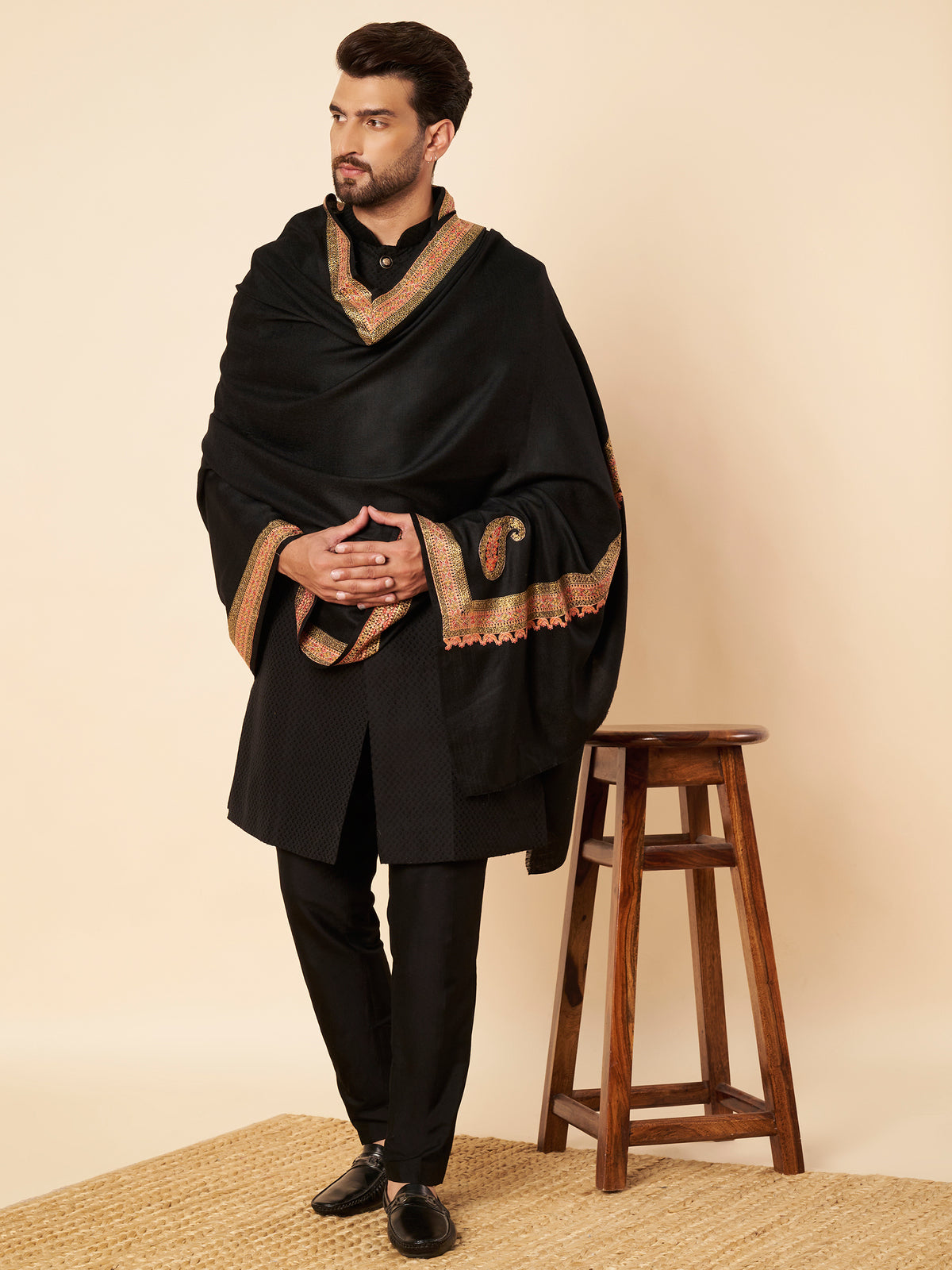 Pure Wool Shawl with Royal Kashmiri Sozni Embroidery and Zari Border - view 3